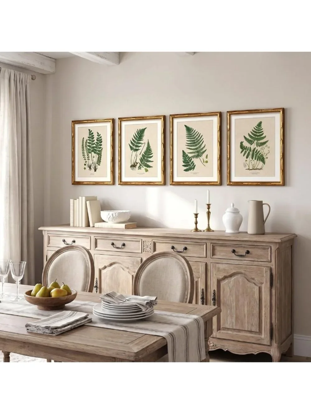 Vintage Botanical Wall Art Set - 4pcs Bamboo Framed Fern Prints, 11x14